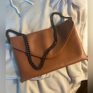 J. Crew Invitation Clutch Cognac Brown Leather. Envelope Purse with Chain Strap